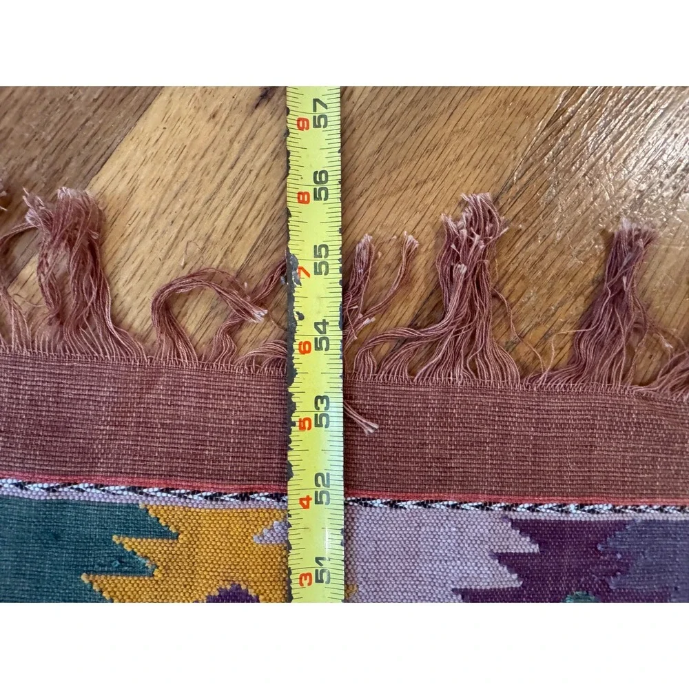 Vintage Southwestern Kilim Table Runner Handwoven Geometric Fringed Textile 57in